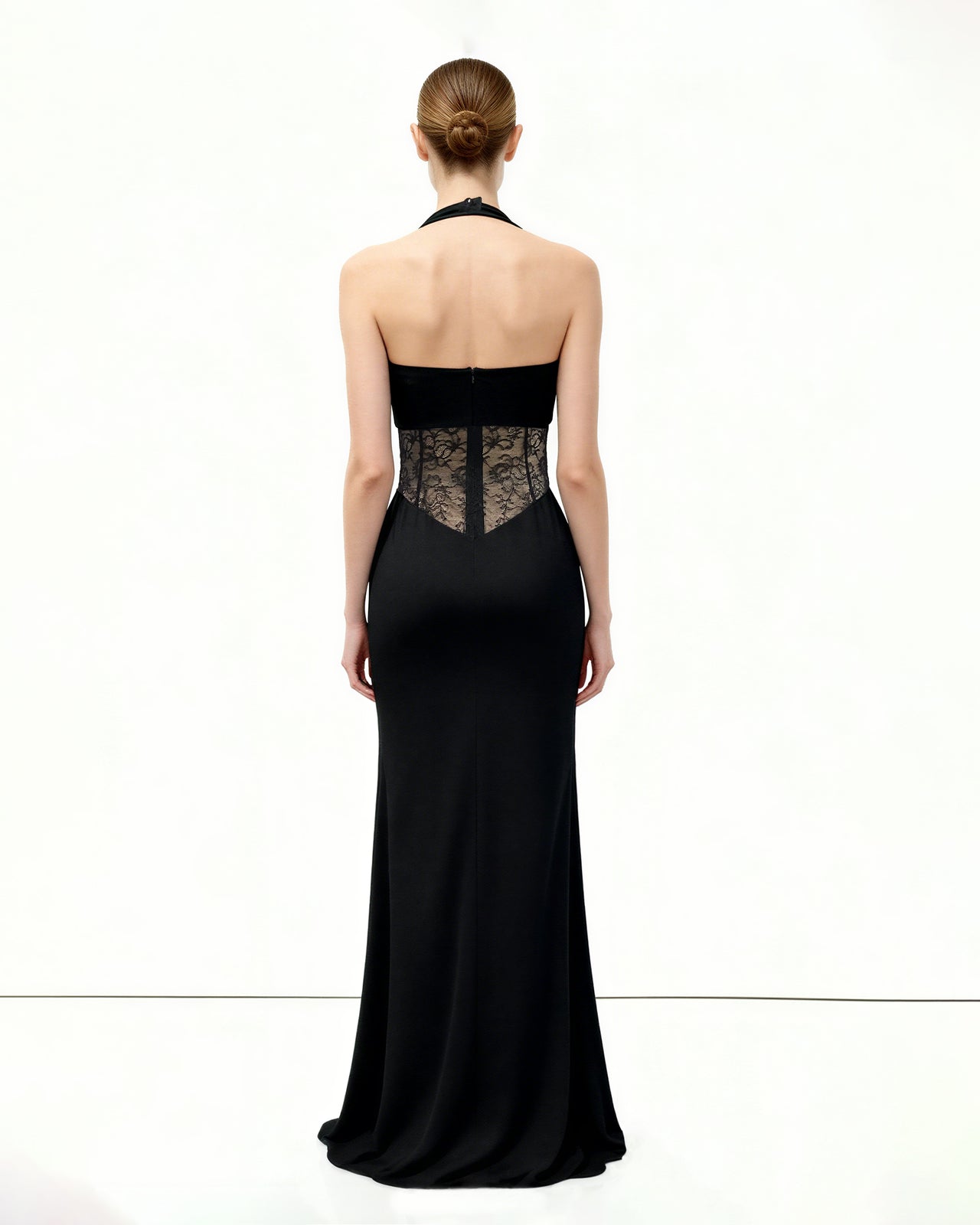 셔링 레이스 패널 맥시 드레스 - 블랙