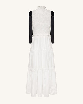 하이넥 슬리브리스 스모크 3단 맥시 드레스 - 화이트