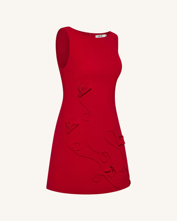 3D 플로럴 아플리케 쉬스 미니 드레스 - 레드