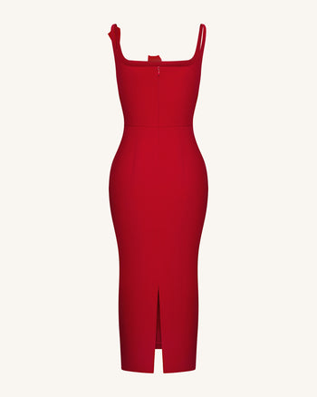 3D 플로럴 아플리케 스퀘어넥 쉬스 미디액시 드레스 - 레드