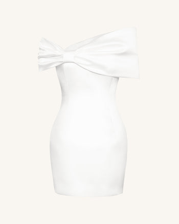 새틴 비대칭 보우 미니 드레스 - 화이트