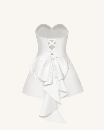 새틴 스트랩리스 보우백 미니 드레스 - 화이트