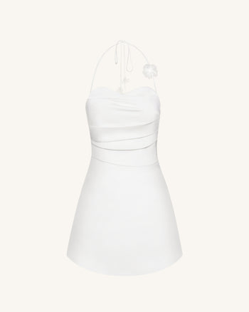 플로럴 셔링 홀터 미니 드레스 - 화이트