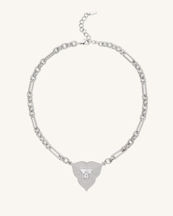 리프 펜던트 네크리스 - 18ct 화이트 골드 도금 & 화이트 지르콘