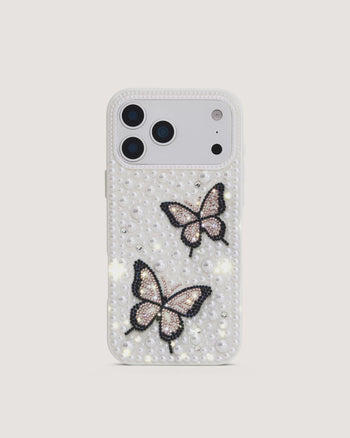 Butterfly 진주 장식 폰 케이스 - 화이트