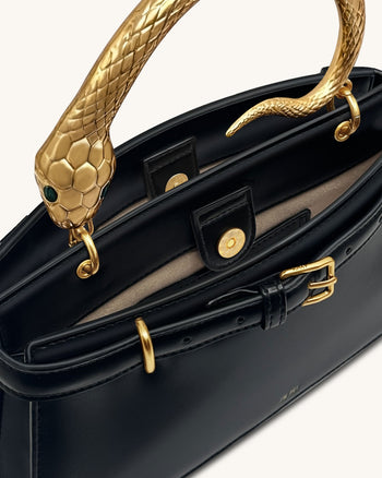 Elena 스네이크 핸들 탑 핸들 가방 - 블랙